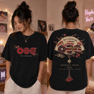 BTS Arirang Korean Folding Fan Shirt, Two Sided Cherry Blossom Tour 2026 Tee, Red Black Kpop Concert Outfit, ARMY Fan Gift